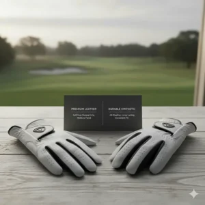 Comparison between premium leather and durable synthetic materials used in left-handed golf gloves for men.