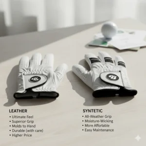 Comparison chart detailing the pros and cons of leather and synthetic materials used in left handed golf gloves.