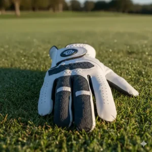 Close-up view of the palm of a left-handed golf glove for men, highlighting the texture and grip-enhancing material.
