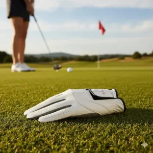 Left handed golf glove for women in white, showcasing the premium leather material and strong grip for a reliable swing.