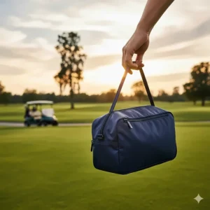 An image showing a lightweight nylon golf shoe bag for men, emphasizing its portability and compact design.
