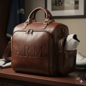 Luxurious custom leather golf shoe bag with debossed monogram, ideal for a high-end gift.