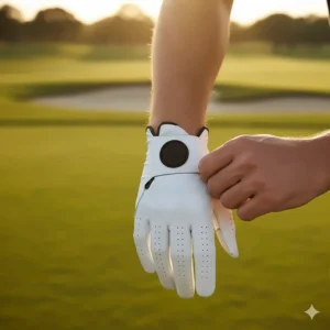 Male golfer putting on a new, durable right handed golf glove before teeing off.