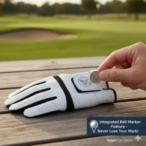 Detail image of a men's golf glove with an integrated ball marker, a convenient feature found on Amazon golf gloves.