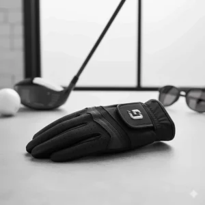 A stylish men's black left handed golf glove with perforation for breathability and an adjustable closure strap.