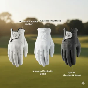 Comparison of different materials like cabretta leather and synthetic in men's right handed golf gloves.