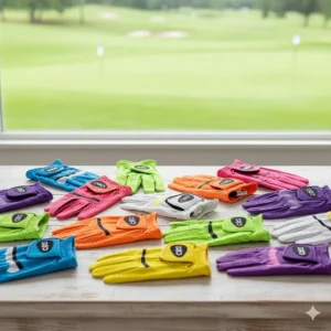 An array of vibrant, non-traditional colored youth golf gloves designed to appeal to younger players.