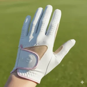 Close-up view of the palm on the right handed golf glove for women, highlighting the durable synthetic leather patch for a secure grip.