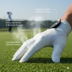 Perforated design features on a left handed golf glove to increase breathability and reduce sweat for men.