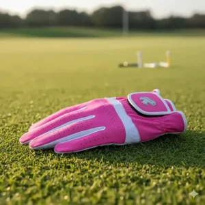 Stylish pink left handed golf glove for women made from flexible, all-weather synthetic material for a firm, colorful grip.