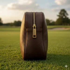 A luxurious, premium leather golf shoe bag for men, showcasing its durable material and high-end zipper detail.