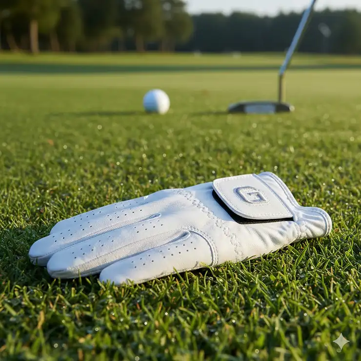 Close-up view of a premium white leather left handed golf glove resting on the green, highlighting the comfortable grip and durable material for a right-handed player.
