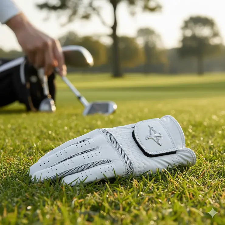 A close-up shot of a premium right-handed golf glove made from cabretta leather, emphasizing the grip and perforation for ventilation. right handed golf gloves