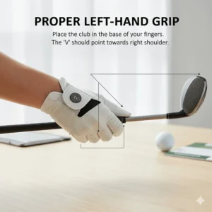 Instructional illustration demonstrating the correct hand placement and grip while wearing a left handed golf glove for maximum control.
