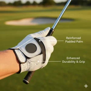 Reinforced, padded palm on a high-quality right handed golf glove for men, adding durability and better grip.