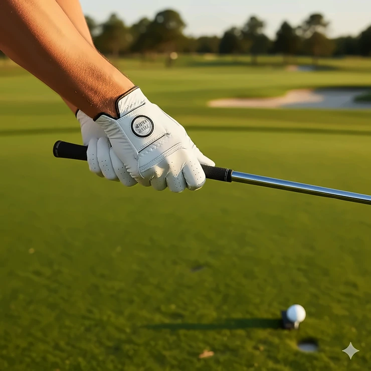 Close-up of a premium leather right handed golf glove for men, showing textured palm grip. right handed golf gloves for men