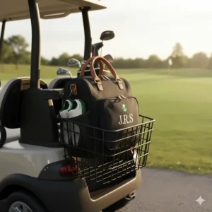 A reliable, branded custom golf shoe bag resting in the back of a golf cart or car trunk, ready for the round.