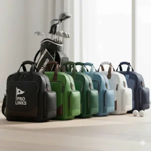 A collection of various stylish golf shoes bags in different colors and materials, suitable for men and women.