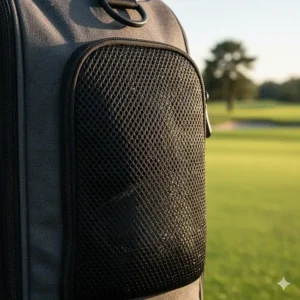 Close-up of a men's golf shoe bag featuring a vented mesh panel for breathability and odor control after a round.