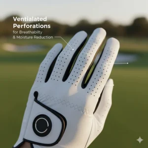 Image highlighting the breathable perforations on the fingers of a right handed golf glove for men, designed for hot weather comfort.