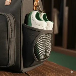 Close-up view of the ventilation mesh on a custom golf shoe bag to keep cleats dry and odor-free.