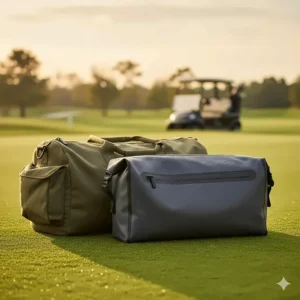 Waterproof golf shoe travel bag for men lying next to a duffel, emphasizing its protective, water-resistant exterior.