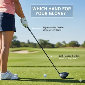 Example showing a right-handed lady golfer wearing her durable golf glove on her non-dominant left hand for better grip.