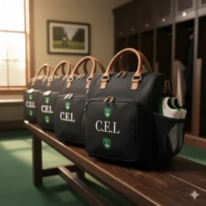 A display of multiple matching wholesale custom golf shoe bags for a corporate event or golf tournament giveaway.