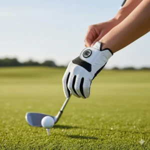 A woman adjusting the secure velcro closure on her new left handed golf glove for women before teeing off.