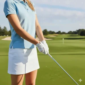 A woman demonstrating the proper grip while wearing a white right handed golf glove before taking a swing.