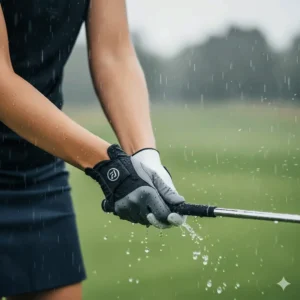 A moisture-wicking, all-weather left handed golf glove for women being used effectively in wet or rainy conditions.