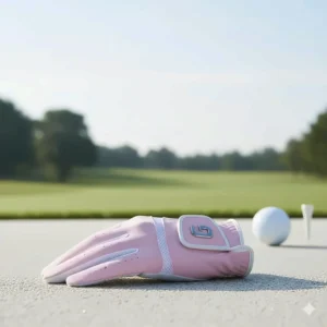 Image of a lightweight women's pink left handed golf glove designed for a softer feel and secure fit.