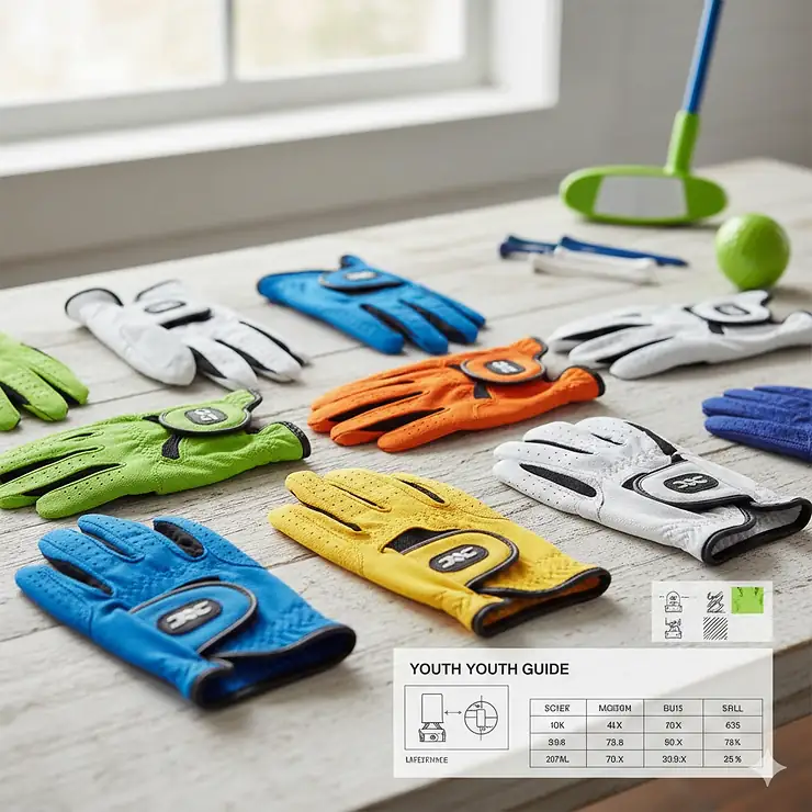 A flat lay of various brightly colored youth golf gloves in different sizes, representing a buyer's guide.