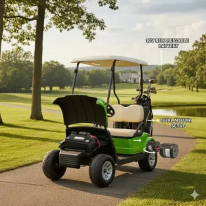 Diagram of a 12V rechargeable battery and dual motor setup for a toddler golf cart.