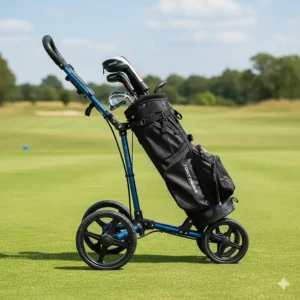 A side-profile illustration of a stable 3-wheel kids golf push cart with oversized wheels for rough terrain.