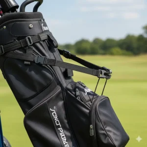 Illustration of secure elastic bungee straps holding a junior golf bag onto a push cart.
