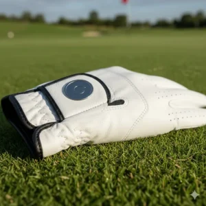 Detailed shot of the adjustable, secure hook-and-loop closure (Velcro) on the golf glove for a customized fit.