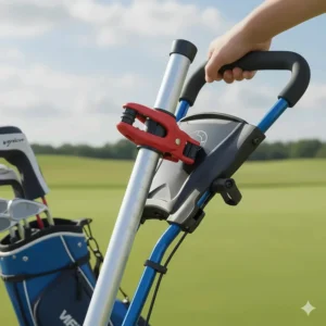 Illustration showing the height-adjustable handle of a kids golf push cart to grow with the child.
