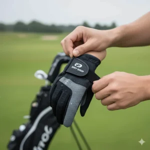 A close-up view of the adjustable Velcro tab used to secure the golf rain gloves around the wrist.