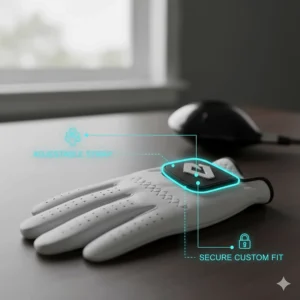 Detailed illustration of the adjustable Velcro closure tab on the wrist of the leather golf glove, ensuring a secure and custom fit.