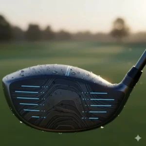 Close-up of an AI-optimized golf driver face showing the variable thickness patterns designed to maintain ball speed on off-center hits.