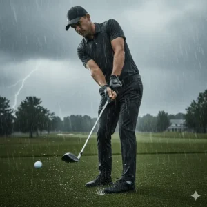 Image of a golfer wearing high-performance leather golf gloves in wet conditions, emphasizing their all-weather grip capability.