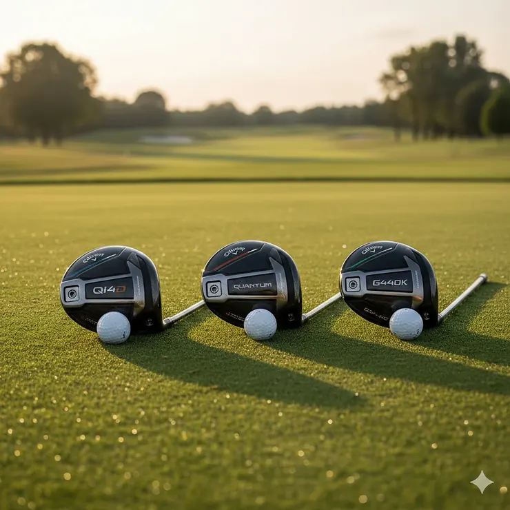 A professional lineup of the best golf drivers for 2026, including the TaylorMade Qi4D and Callaway Quantum, positioned on a grass tee box. best golf drivers 2026