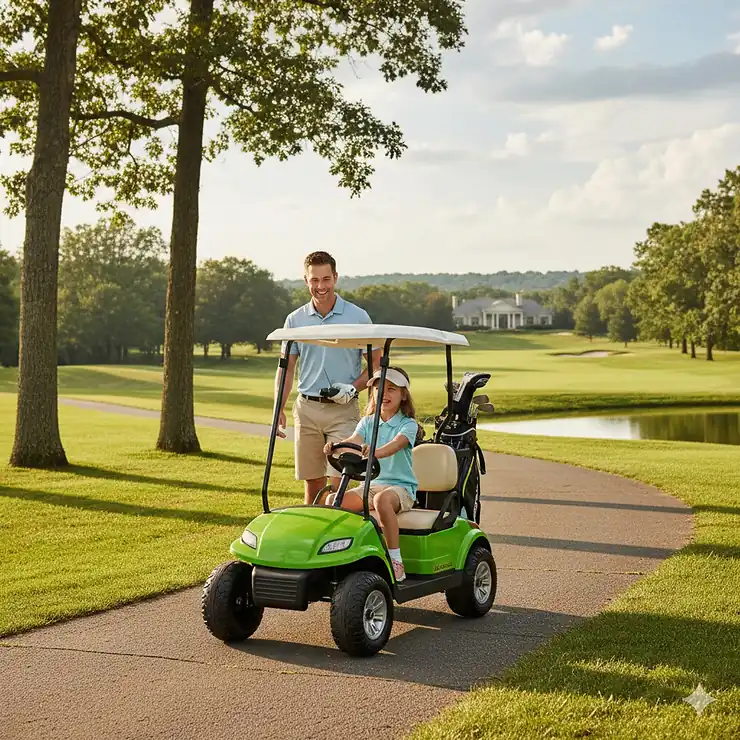 A young child driving a battery-powered kids golf cart on a paved driveway with a parent nearby.