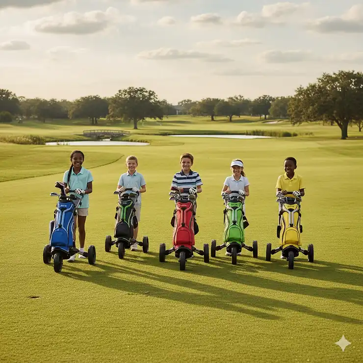 A group of junior golfers walking on a green fairway using adjustable kids golf push carts.