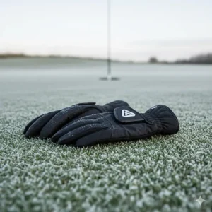 A pair of durable, weather-resistant winter golf gloves resting on a cold golf course green.