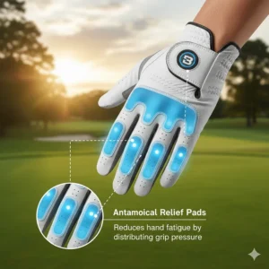 Diagram showing the patented anatomical relief pad system in Bionic golf gloves to prevent hand fatigue.