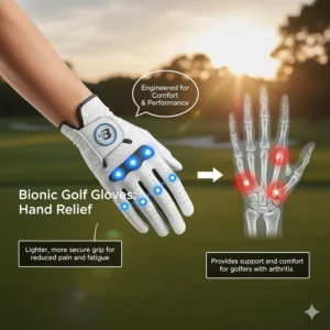Infographic explaining how Bionic golf gloves provide a lighter, more secure grip for golfers with arthritis.
