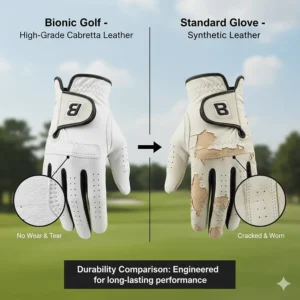 Illustration comparing the durability of high-grade Cabretta leather in Bionic gloves vs standard brands.