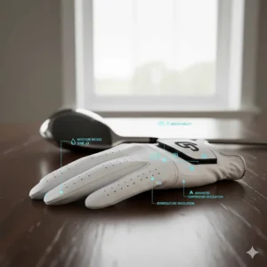 Graphic showing the perforated leather and breathable material sections of the cabretta leather golf glove for moisture management.